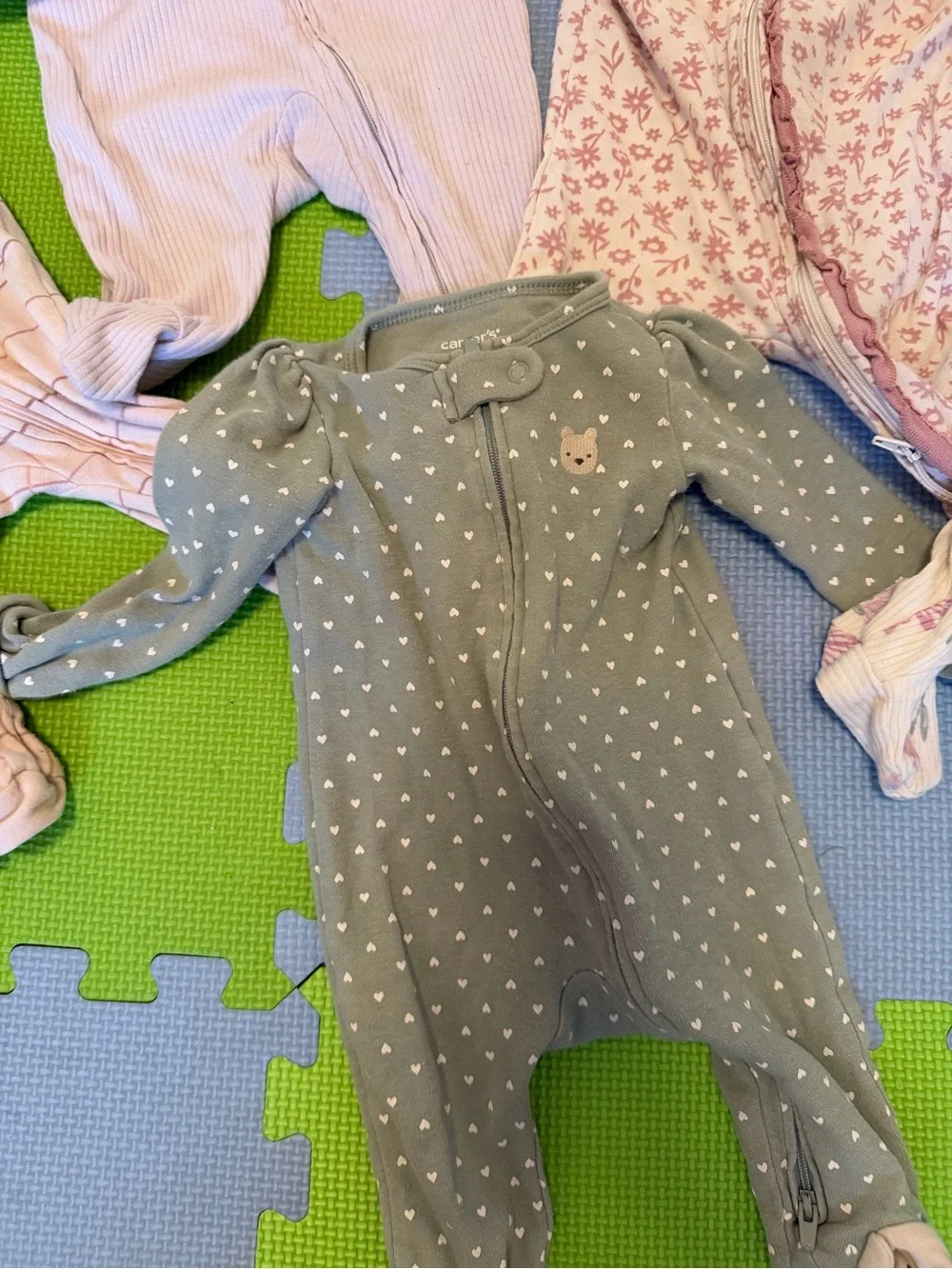 Mixed Girls Footie Sleepers in Pink and Green - Set of 5